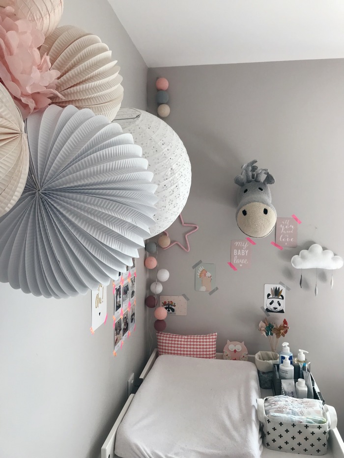 Rose pastel et gris, idée déco chambre de petite fille avec un kit de lampions